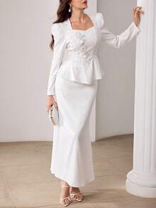 Modelyn 春夏优雅方领刺绣花瓣袖上衣搭配鱼尾裙 - 白色 - 查看 4