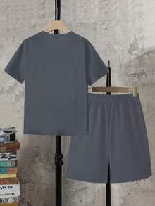 SHEIN 2pcs/Set Tween BoyRound Neck Short Sleeve T-Shirt And Shorts With Pockets Set - Multicolor - View 2