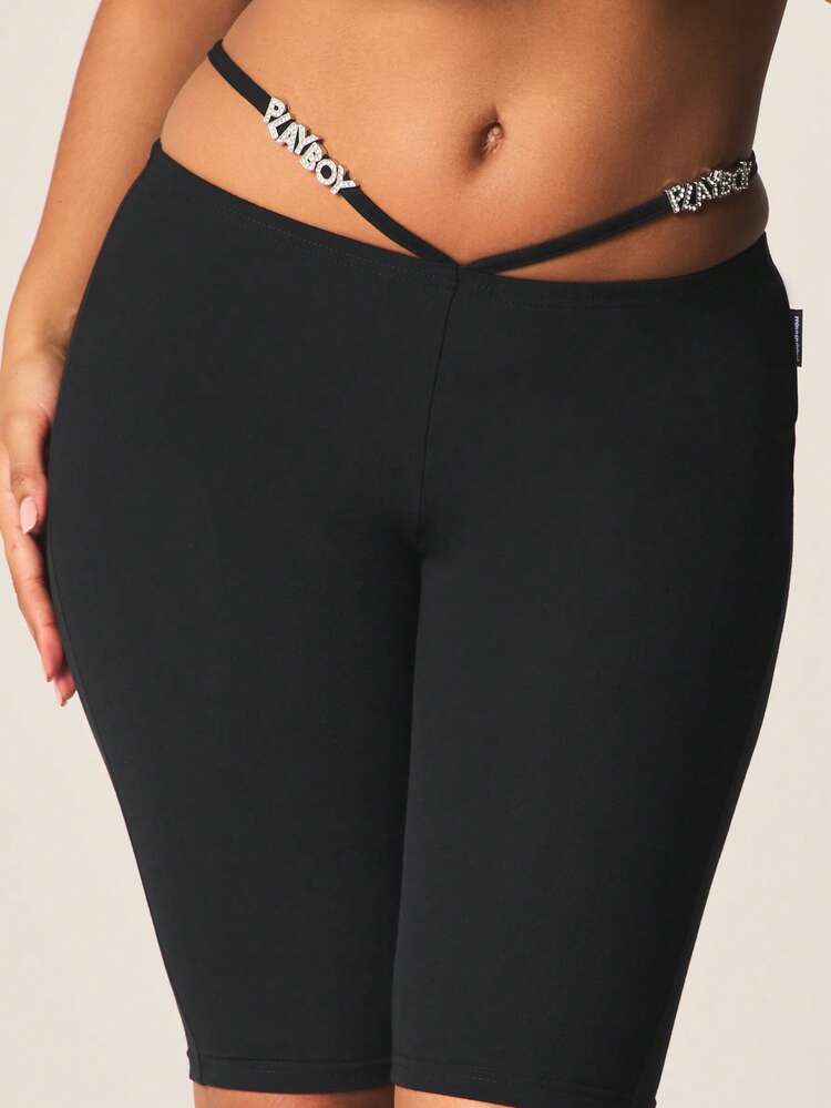 Missguided x Playboy Embellished High Rise Stretch Leggings With Cutout Waistband Detail And Rhinestone Accents For Casual Comfort
