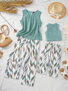 SHEIN Conjunto de chaleco de punto y pantalones con estampado de hojas casual y lindo para bebé niña de vacaciones - Verde - Ver 1