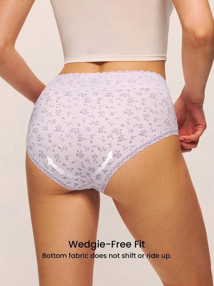 Paquete de 3 bragas de algodón de cintura alta con ribete de encaje - Estampado floral con ribete de encaje