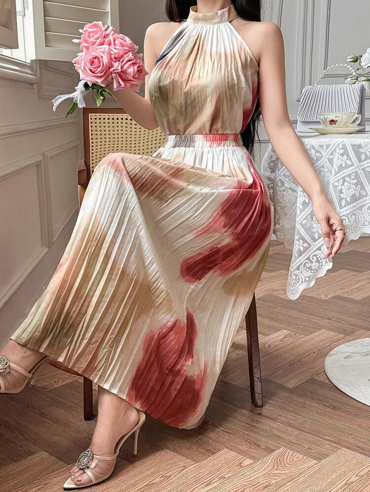 Elegant Textured Ink Tie Dye Sleeveless Top And Long Skirt 2-Piece Set For Women, Spring/Summer