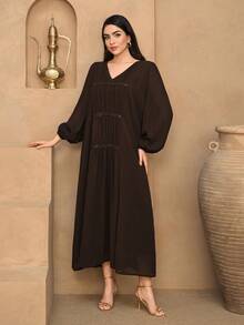 DAZY 亮片装饰褶皱花瓣袖直筒连衣裙，棕色，时尚休闲中长连衣裙，适合婚礼派对、春夏穿着 - 棕色 - 查看 4