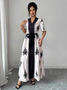 Elenzga Vestido largo con estampado floral de manga larga con cinturón y cuello en V para mujer, elegante y casual, adecuado para citas, Año Nuevo, San Valentín, Pascua, Día de la Madre, festivales de música, bodas en Oriente Medio, ir al trabajo, vacaciones, color rosa pálido - Rosa Pálido - Ver 5