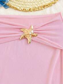 SHEIN Tween Girl Vacation 3pcs Blue Starfish Metal Button Bikini 3 Pieces Set, Beach Holiday Light Pink Two Piece Set Two Piece Bathing Suit Girls Two Piece Bathing Suit Girls Light Pink Mermaid Tail Skirt Long Skirt 2 Piece Set Pink Skirt Set - Pink - View 3
