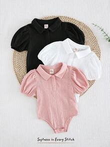 Cozy Pixies 3pcs Baby Girl Solid Color Soft Knit Collared Short Sleeve Romper Set - Multicolor - View 1