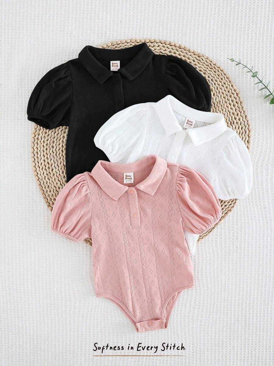 Cozy Pixies 3pcs Baby Girl Solid Color Soft Knit Collared Short Sleeve Romper Set - Multicolor - View 1