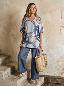 Faunlyn Women's Grey,Summer,Boho,Vacation,Holiday 2 Pieces Set,Circle Print Shirt And Pants,Casual Outfits,Beach Outfit For Women,Pants Outfit Sets - Multicolor - View 7