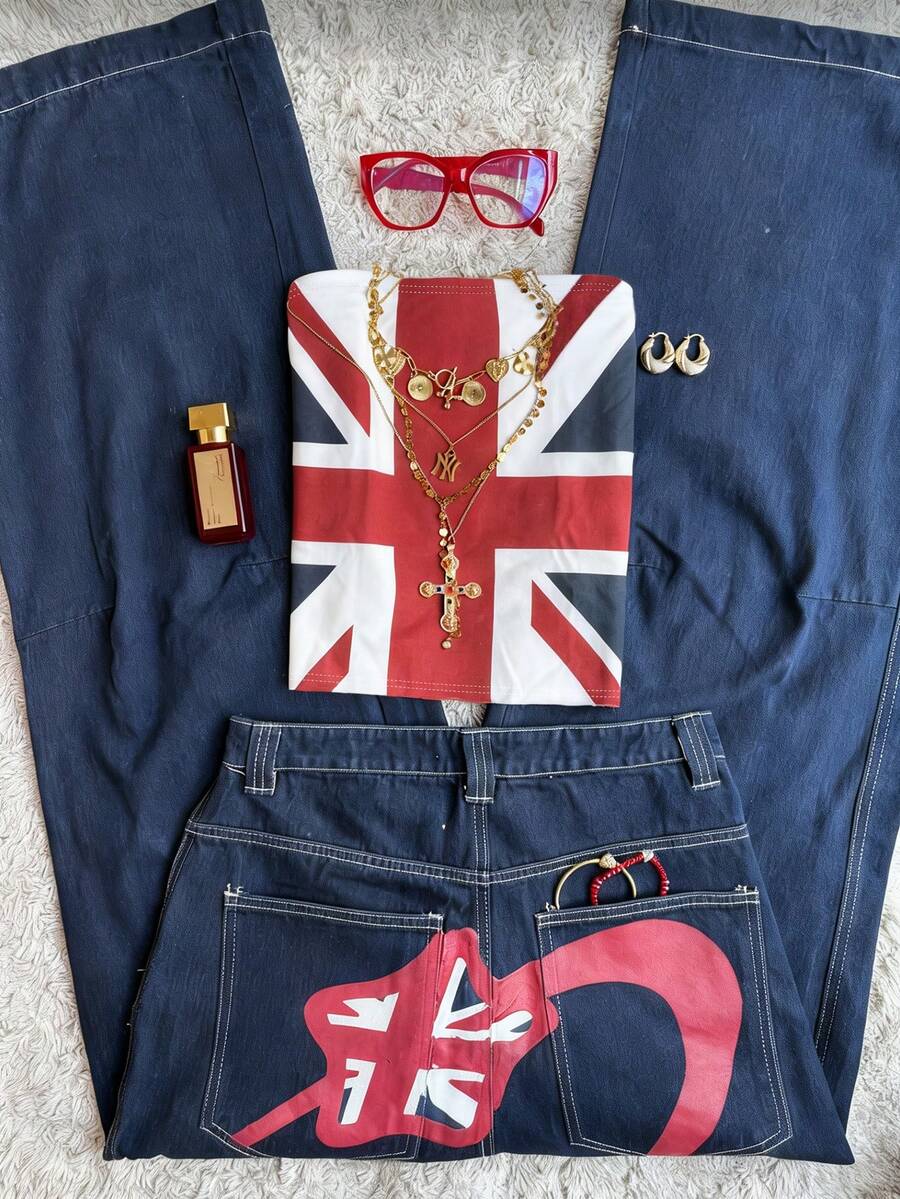 Glimmora Y2K Grunge Union Jack Print Tube Top, Retro Streetwear Sexy Cropped Strapless Bandeau Millennium Babe Strapless Cropped Top Streetwear Union Jack Print Cropped Bralette Top, Punk Festival Sexy Eye-Catching Strapless Top - Multicolor - View 1