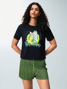 Rick and Morty X SHEIN Women's Round Neck Short Sleeve T-Shirt And Striped Shorts Pajama Set, - Black - View 5