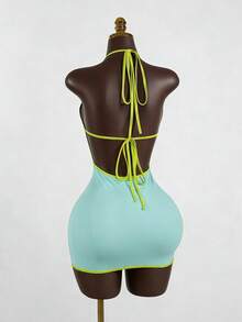 SaltGleam SaltGleam 女士撞色滚边深V领性感迷你连衣裙 - 藍色 - 查看 2