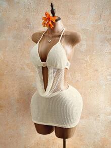 Mistrie 女士纯色吊带系腰优雅短款派对连衣裙性感沙滩裙性感夏季服装奶油色两件套比基尼罩衫套装夏季度假装度假连衣裙沙滩裙女士夏季服装女士夏季连衣裙夏季服装春季连衣裙女士春季性感沙滩装钩针泳衣，夏季服装，女士夏季服装，夏季服装，女士夏季服装性感夏季服装女士沙滩装沙滩罩衫女士两件套比基尼罩衫 - 杏色 - 查看 5