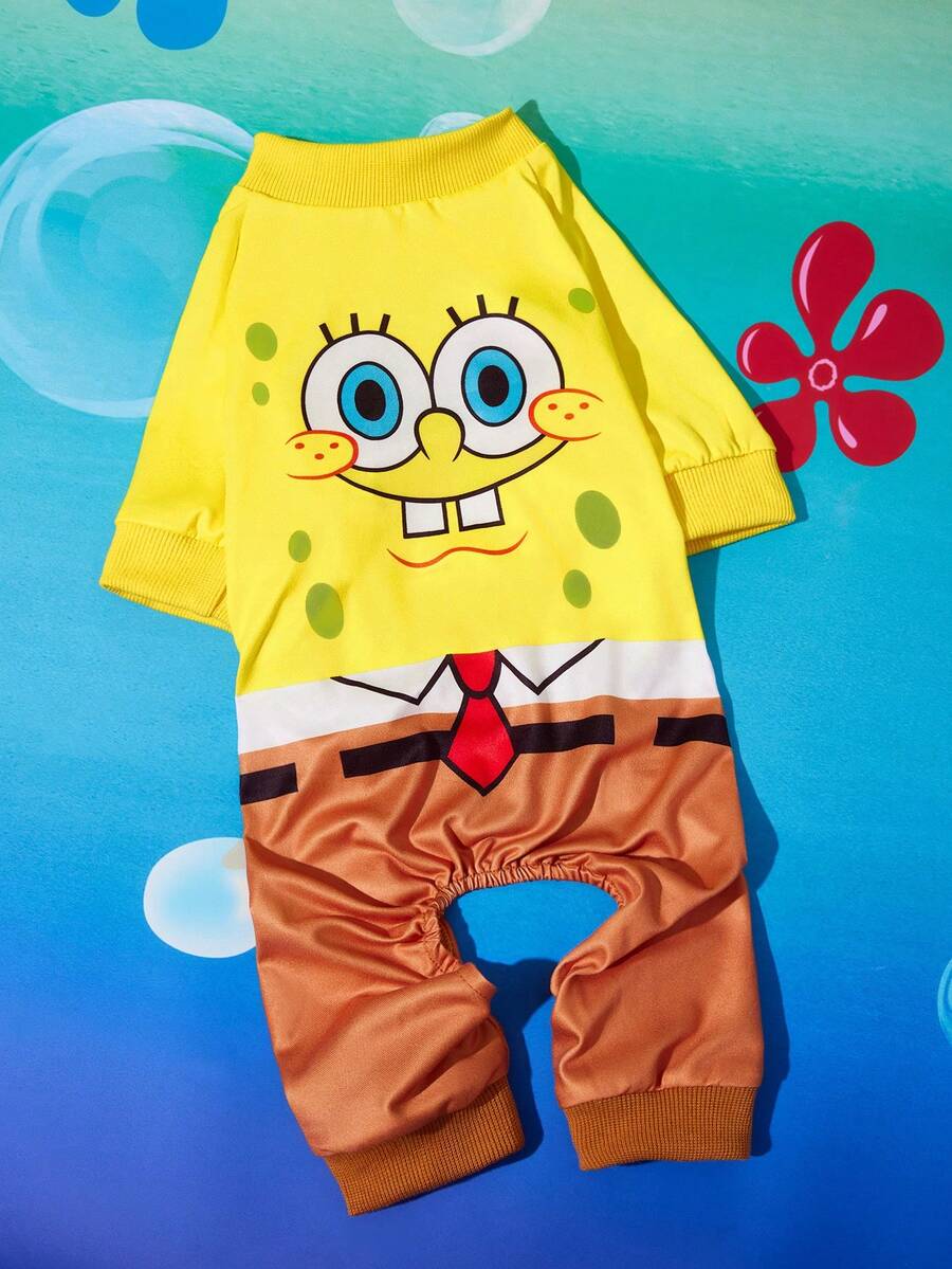 SpongeBob SquarePants | SHEIN 1 件可爱卡通印花宠物装饰服,家居服,睡衣,猫咪衣服,狗狗衣服,尺码 XXS-XXXXL,特小号,特大号,海绵面料,活泼可爱 - 黃色 - 查看 1