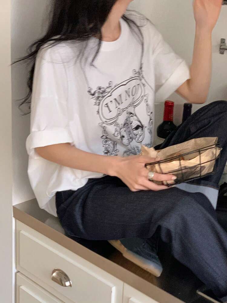 Women's Round Neck Printed Casual Short Sleeve T-Shirt Oversized