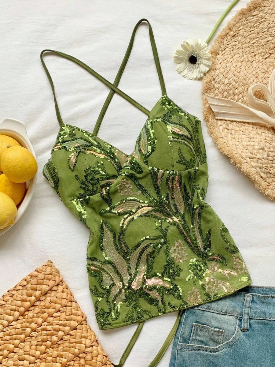 Comfortcana Áo hai dây hở lưng gợi cảm đính sequin hoa cho nữ, thích hợp cho kỳ nghỉ hè/hè 2026, kiểu dáng thanh lịch, thích hợp đi biển, dự tiệc. Áo màu xanh lá cây cho nữ, áo lấp lánh đính sequin, áo hai dây hoa màu xanh lá cây, lộng lẫy, độc đáo, đẹp mắt, thích hợp cho lễ hội âm nhạc, tiệc tùng, hẹn hò, ngày Valentine. - Hồng - Xem 1