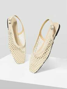 Mnmlis 女士新款时尚编织镂空平底方头套脚鞋 - 米白1 - 查看 6