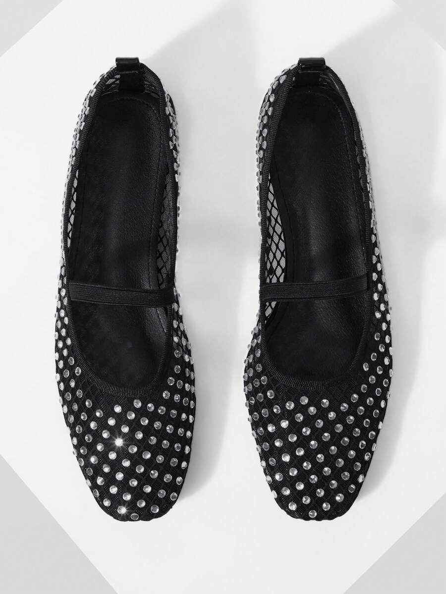 Mnmlis 女士网眼水钻单带玛丽珍芭蕾平底鞋，适合通勤、Y2K、朋克、时尚女孩、万圣节、圣诞节和派对装扮 - 黑色 - 查看 1