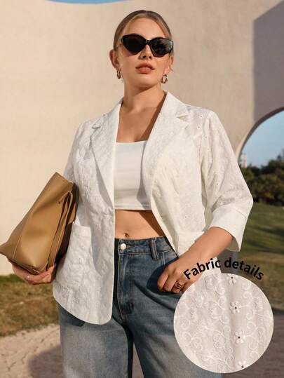 Juhart Plus Size Women Embroidered Hollow Lapel NeckBlazer Thin Jacket