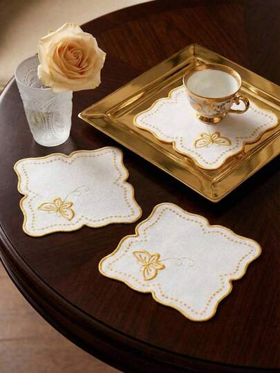 Cirelle 1pc Elegant Linen Butterfly Coasters – Scalloped Edge White & Yellow Set, Heat-Resistant Waterproof Placemats, Sophisticated Table Decor For Serving Guests & Special Gatherings