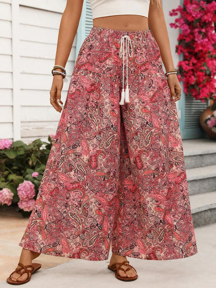 SHEIN Holidaya Women's New Pink Tone Retro Floral Print Wide-Leg Pants - Elastic Waist Drawstring Tassel + Ruffled Hem, Bohemian Vacation Style / Daily Casual High-Waist Drapey Trousers - Multicolor - View 1