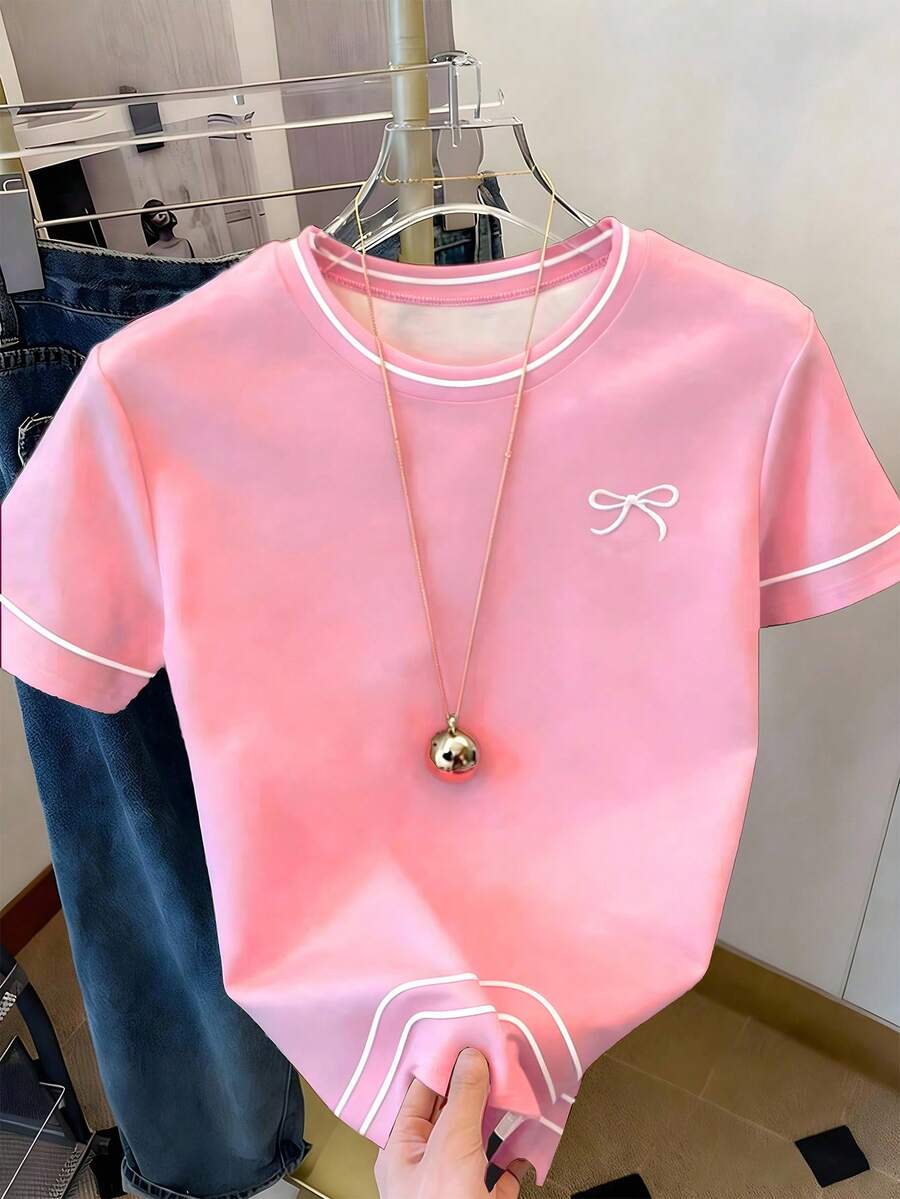 1件少女夏季新款甜美简约休闲印花T恤,双条纹印花,平面设计,百搭修身T恤,经典条纹蝴蝶结,日常穿着,学生装,户外休闲上衣 - 粉色 - 查看 1