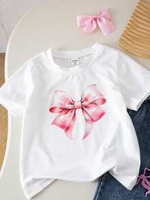 女童休閒短袖印花T恤與牛仔刺繡蝴蝶結吊帶褲2件套，時尚百搭 - 彩色 - 查看 4
