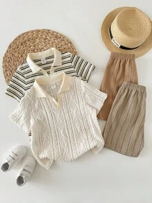 SHEIN 4件套儿童男童可爱夏季休闲条纹短袖polo衫和短裤套装，适合生日派对、锐舞派对、晚宴、演出、婚礼、婚礼宾客、婴儿派对、洗礼等场合穿着 - 彩色 - 查看 4