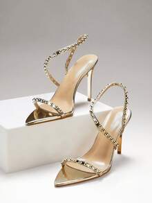 SHUZIA Women's Elegant Rhinestone Pointed Toe Stiletto Heel Sandals - Gold - View 7