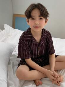 Dazy Kids Tween Boy All-Over Print Single-Breasted Short Sleeve Top And Shorts Casual Loungewear Pajama Set Summer - Brown - View 5