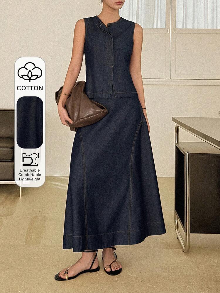 Women's Casual Denim Suit - Collared Sleeveless Cardigan And Long Skirt