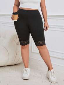 SHEIN Essnce Quần legging Bermuda ôm sát, phối ren, đa năng, thích hợp mặc hàng ngày, dành cho nữ cỡ lớn. - màu đen - Xem 5