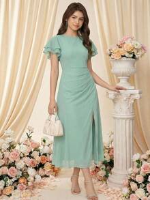 SHEIN Pitira 少女春夏新款绿色优雅荷叶边袖收腰开衩连衣裙，婚礼季正式着装 - 綠色 - 查看 5