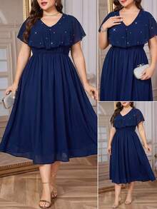 SHEIN Clasi Plus Size Women Navy Blue Elegant Summer Wedding Guest Dress,Pearl Decor V-Neck Long Party Dresses,Formal Ceremony Graduation Outfit,Mother Of Bride - Blue - View 1