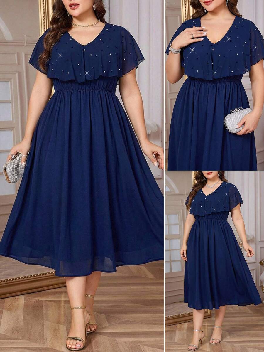 SHEIN Clasi Plus Size Women Navy Blue Elegant Summer Wedding Guest Dress,Pearl Decor V-Neck Long Party Dresses,Formal Ceremony Graduation Outfit,Mother Of Bride - Blue - View 1