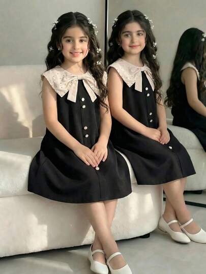 Elladie kids 1pc Girls' Summer New Chiffon Fabric Black Collar Bow Apricot A-Line Black Simple Versatile Elegant Casual Dress For Outing, Vacation, Commute