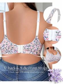 DesireSculpt Áo ngực không gọng dành cho nữ cỡ lớn, thanh lịch, thoải mái và mềm mại, chất liệu cotton, họa tiết hoa, trang trí nơ, mút mềm mại với dây đeo có thể điều chỉnh. - Nhiều màu - Xem 2