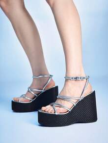 Sugerpunk Sandalias de plataforma, zapatillas de mujer con cuña y punta abierta, zapatos de moda para mujer - Plateado - Ver 3
