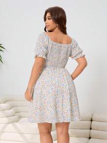 Solflare Frühlings-/Sommer-Neuheit, lässiger Alltags-Pendler-Party-Anzug, geeignet für Hochzeit, Musikfestival, Schulanfang, Abschluss, Urlaub, Streetwear, Erkundung, Stadtbummel, Mehrzweck-Kleidung, kann als Oberbekleidung oder Layering getragen werden, Off-Shoulder, aufgeblähte Ärmel, romantischer französischer Stil mit gelb-blau-rosa Blümchen, taillierend, geraffter Brustbund, kurzes Kleid in Große Größen - Verschiedenfarbig - Übersicht 3