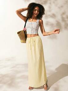Easelle Women's Summer Solid Color Drawstring Waist Fish Tail Hem Skirt - Light Yellow - View 3