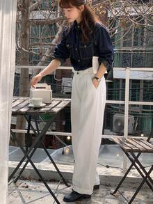 Livesso Camisa vaquera casual de mujer con cuello de solapa y bolsillos grandes - Azul lavado oscuro - Ver 7