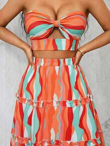 Eryvara Vacation Casual Colorful Print Hollow Lace-Up Backless Cropped Tube Top & Mini Skirt Set - Multicolor - View 6