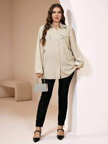 Veilorie Plus Size Women's Sequin Palm Tree Embroidered Casual Arabic Style Shirt - Apricot - View 7