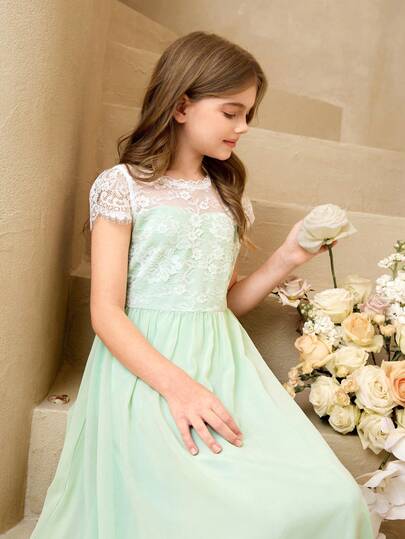 Girls' Lace Patchwork Chiffon Flower Girl Long Dress, Waist Cinched, Suitable For Weddings, Parties, Birthdays, Banquets, All Seasons