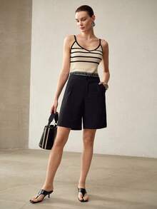 MOTF PREMIUM 女士夏季条纹几何针织吊带背心，休闲百搭 - 米色 - 查看 9