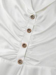 SHEIN Women's Elegant Summer Office Off-White Satin Blouse,Commuter Fitted Short Sleeve Shirt,Front Button V-Neck Pique Fabric Tops For Business Casual - White - View 3