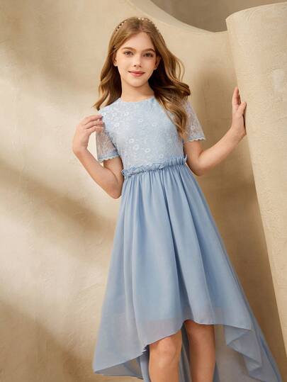 Girls' Elegant Flowing Lace & Chiffon Splice Short Sleeve Asymmetric Hem Long Dress, Suitable For Weddings, Parties, Birthdays, Banquets, All Seasons