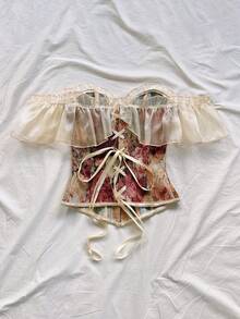 Soleia Atasan Bandeau Off-Shoulder Transparan Bergaya Vintage dengan Motif Lukisan Minyak, Atasan Musim Panas - MultiWarna - View 2