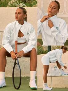 GLOWMODE Water-Resistant Sunproof Waist Length High Neck Elastic Hem Mesh Panels Jacket Tennis Pickleball Daily Casual Wear - White - View 8