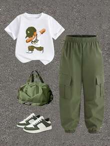 两件套男童小熊印花圆领短袖T恤和工装裤套装，适合节日、派对、春夏穿着，休闲舒适，是夏季穿着的理想之选，时尚街头风，适合户外野餐、街头摄影、校园、假期，也是馈赠佳品。 - 軍綠色 - 查看 4