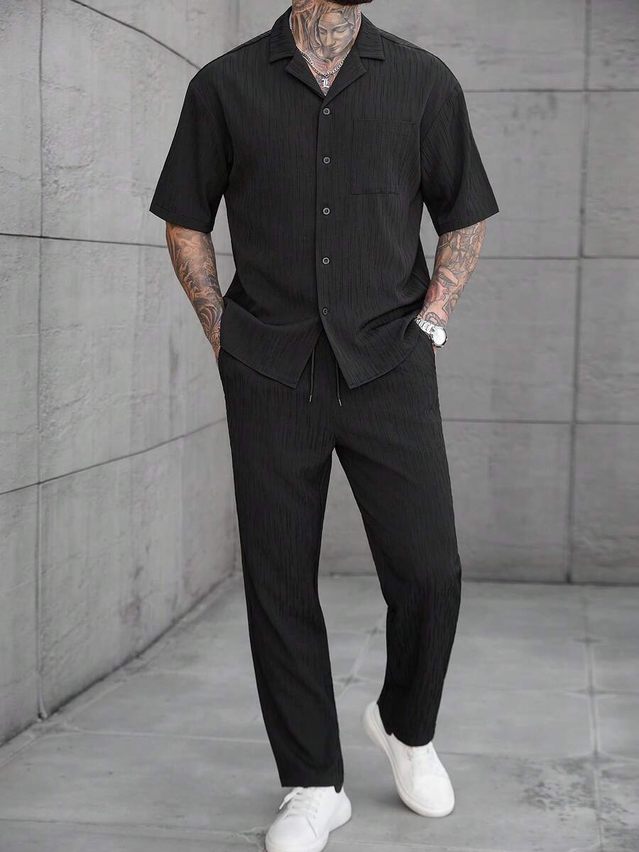 SLATEMANN 男士黑色夏季休閒城市度假風優雅條紋提花短袖單口袋襯衫與抽繩鬆緊腰長褲套裝,適合派對、辦公室、正式場合 - 黑色 - 查看 1